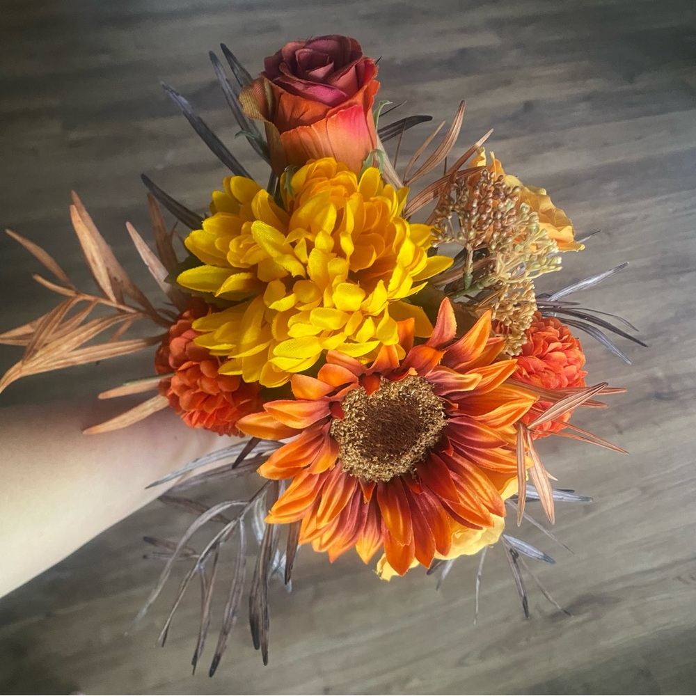 Hand-Tied Permanent Floral Bouquet Decor | Sunflower, Marigolds, Roses, Mums